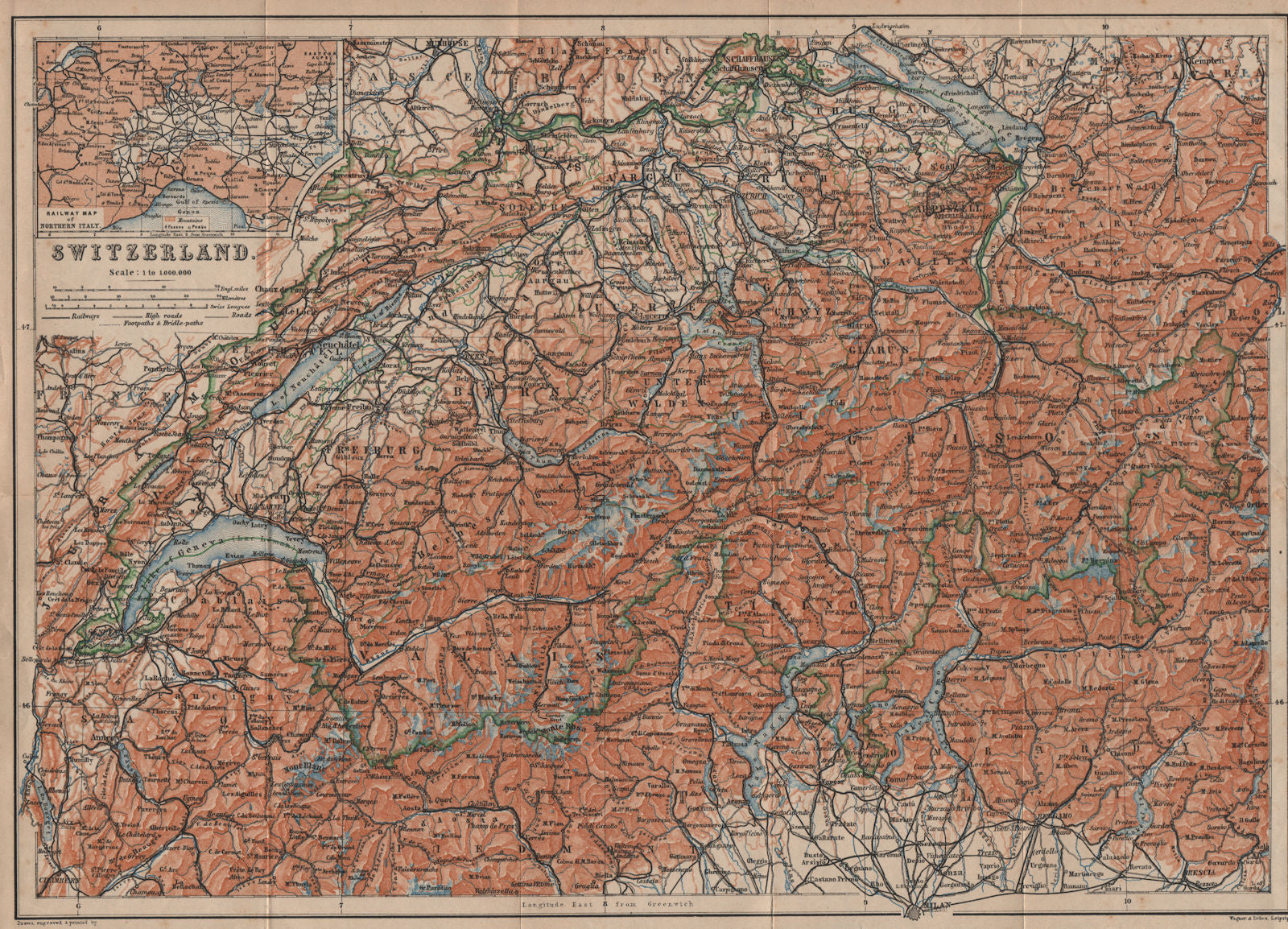 Map of Switzerland Suisse Schweiz. Northern Italy railways carte karte 1905